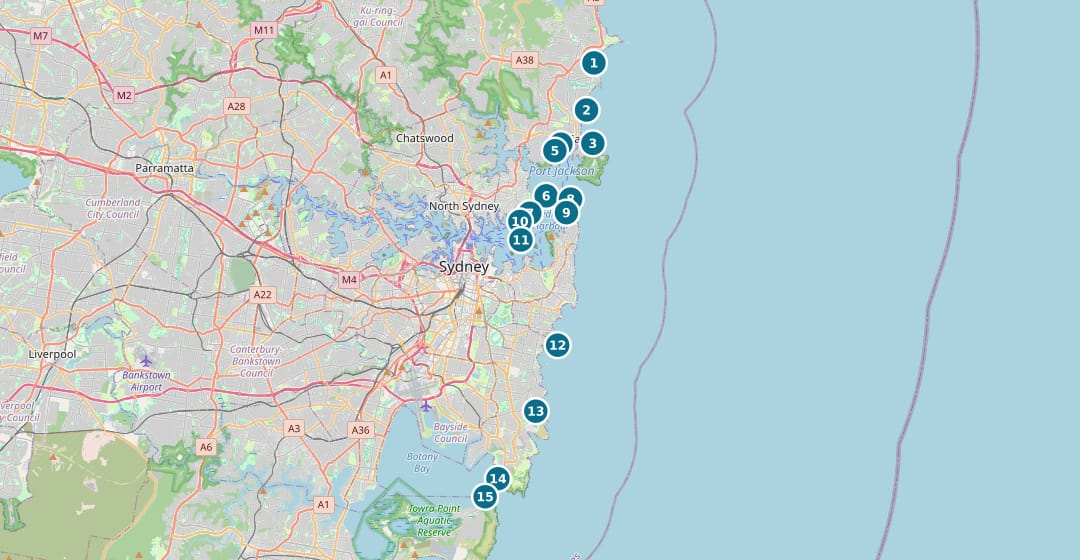 The fifteen surveyed dive sites marked on a map of Sydney, numbered from Dee Why in the north to Kurnell in the south