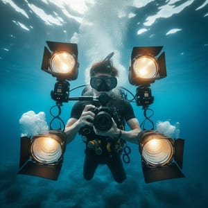 A scuba diver hovering over a sandy seabed in blue water, holding a camera to their mask, surrounded by four large lamps blazing white light towards the viewer.