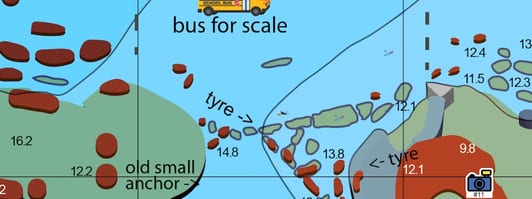 A detail of the Bare Island map: reef and sand drawn to scale, with depths marked in metres and landmarks named